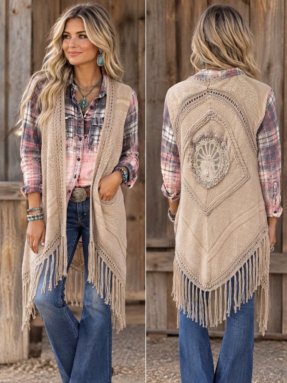 Altar'd State Boho Western Fringe Knit Vest – Size Large